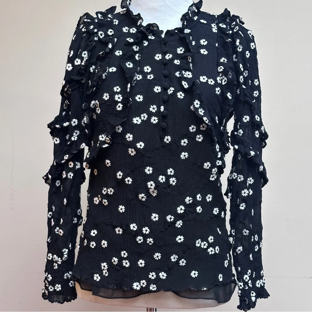 Rebecca Taylor Black & White Alessandra Ruffle Top Size 0 - Picture 3 of 15